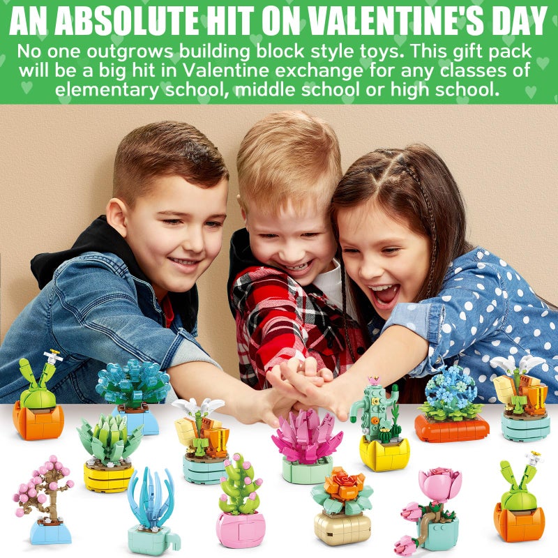 Qinline 24 Pack Valentines Day Gifts for Kids 6-12  Succulents Flower Bouquets Building Blocks with Gift Cards for School Classroom  Boy Girl Class Valentine Party Favors Exchange Gift Goodie Bag Stuffers - Image 4