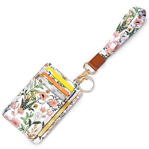 Coco Rossi Slim Front Pocket Wallet RFID ID Card Holder Cute Small Wallet with Wrist Lanyards Key Chain Holder for Women,White Flowers - Image 1