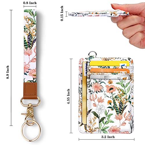 Coco Rossi Slim Front Pocket Wallet RFID ID Card Holder Cute Small Wallet with Wrist Lanyards Key Chain Holder for Women,White Flowers - Image 2