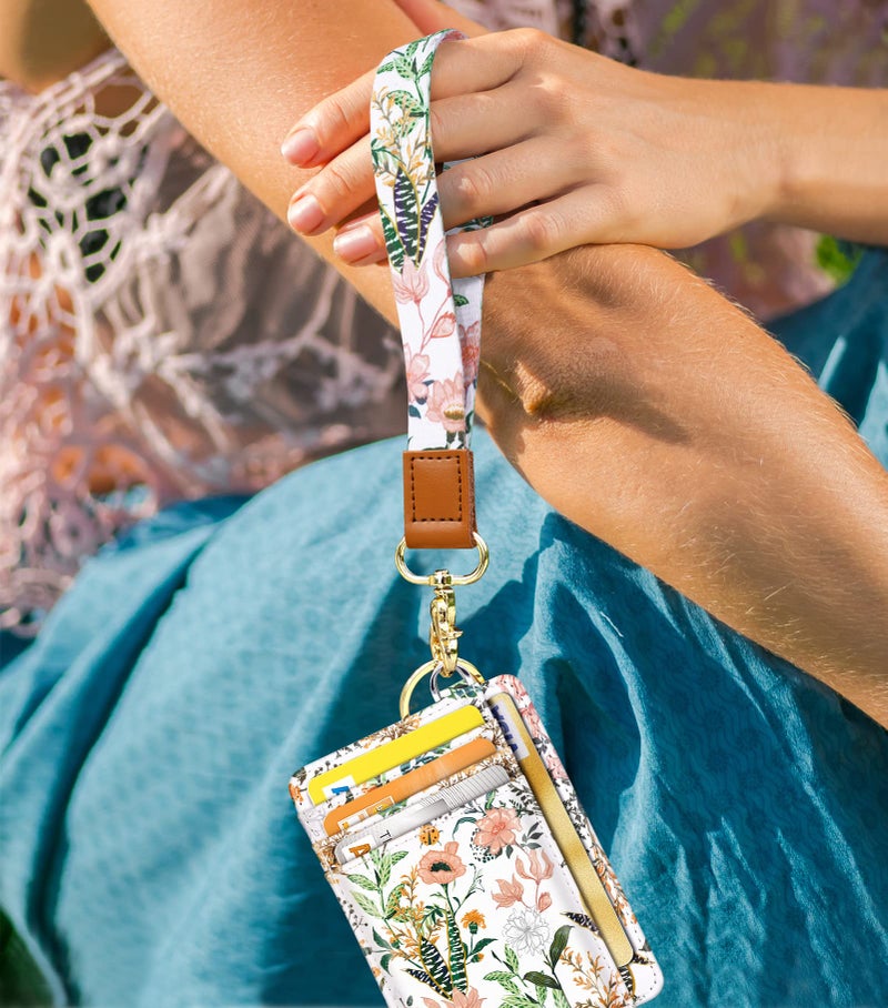 Coco Rossi Slim Front Pocket Wallet RFID ID Card Holder Cute Small Wallet with Wrist Lanyards Key Chain Holder for Women,White Flowers - Image 3