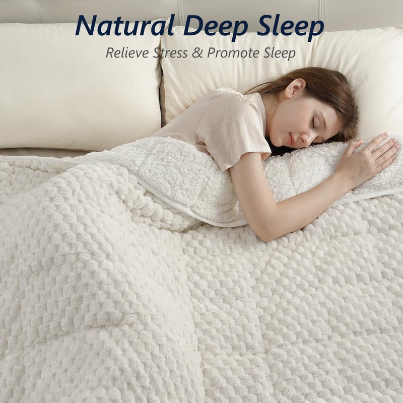 Mr. Sandman Weighted Blankets for Adults Full Size 15lbs, Warm Sherpa Fleece Throw Blanket for Sleep and Calm, Soft Cozy Heavy Bed Blanket with Jacquard Flannel, 48 x 72 Inches, Cream White - Image 3