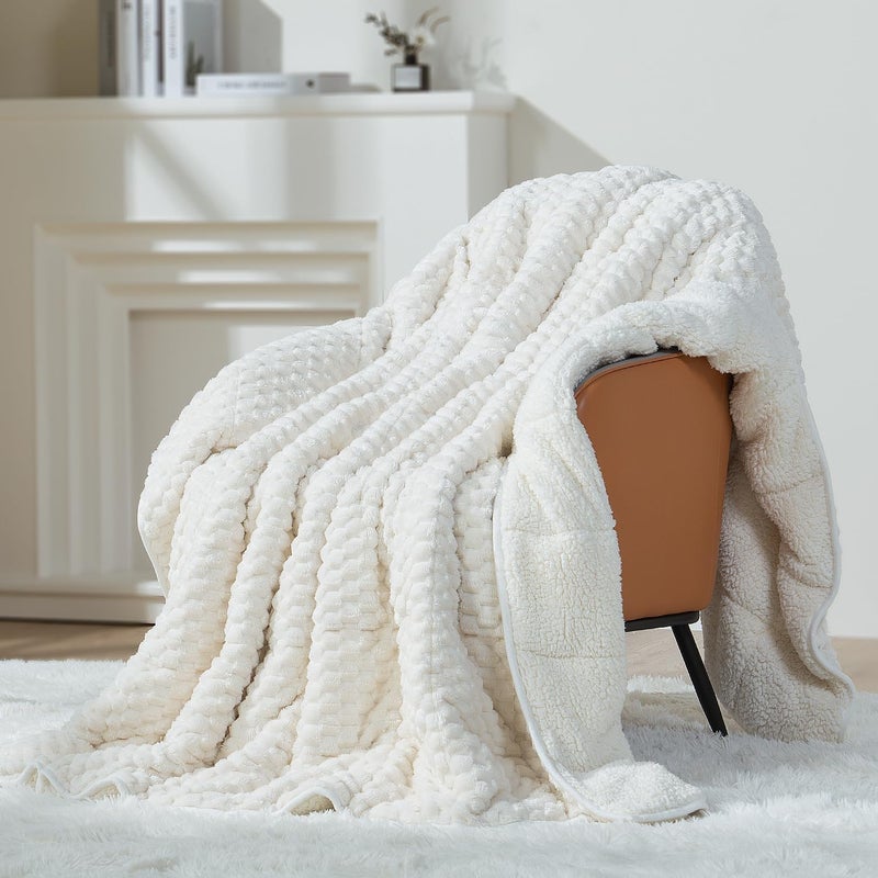 Mr. Sandman Weighted Blankets for Adults Full Size 15lbs, Warm Sherpa Fleece Throw Blanket for Sleep and Calm, Soft Cozy Heavy Bed Blanket with Jacquard Flannel, 48 x 72 Inches, Cream White - Image 1