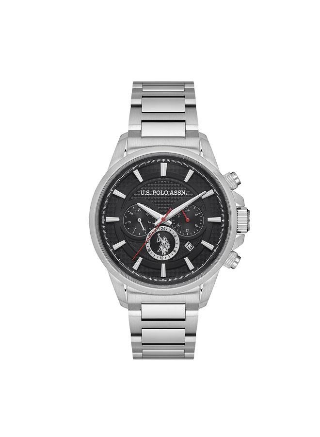يو اس بولو اسن ساعة رجالية متعددة الوظائف بقرص أسود وسوار فضي من الفولاذ المقاوم للصدأ  مم - Image 1