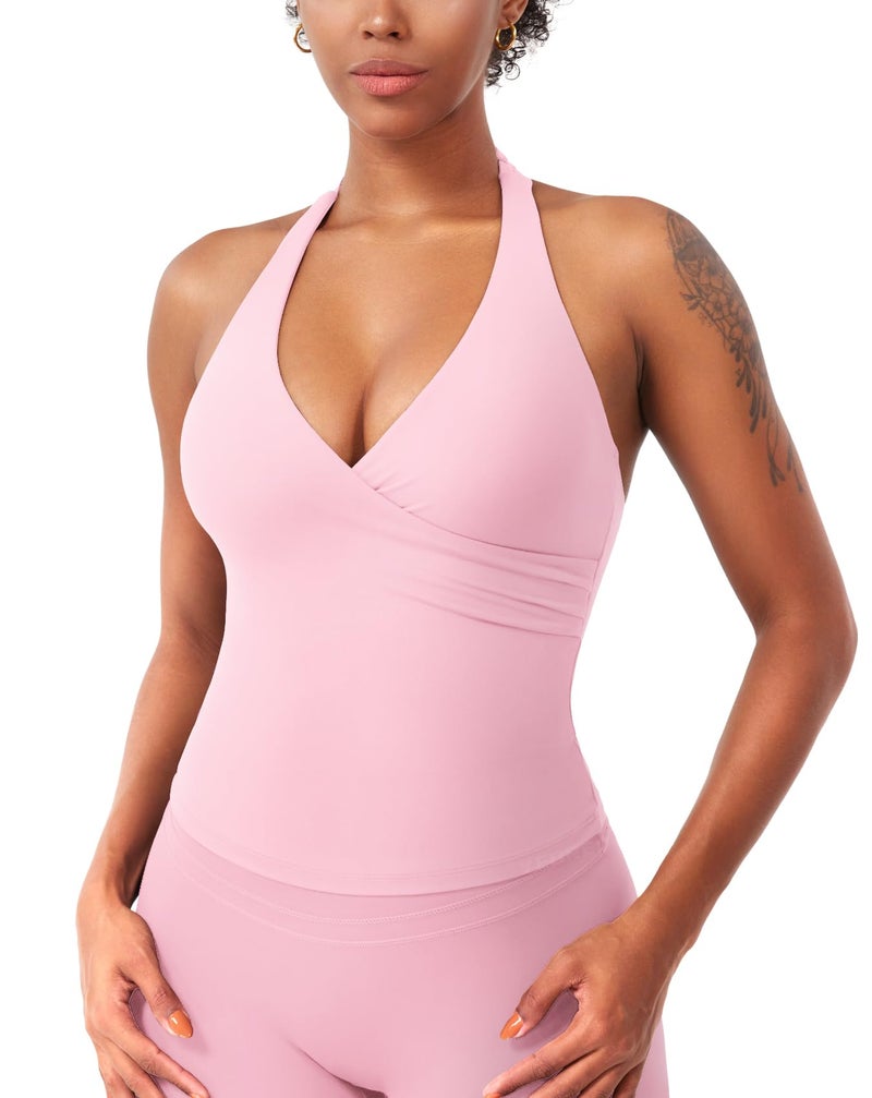 YEOREO Womens Halter Tank Tops Workout Impact Longline Strappy Top Padded Deep V Neck Wrap Gym Backless Bra Camisole Baby Pink S - Image 1