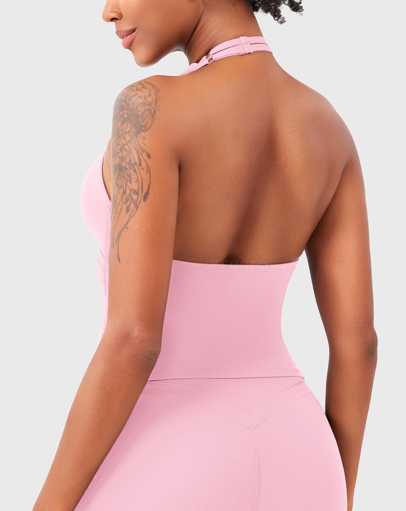 YEOREO Womens Halter Tank Tops Workout Impact Longline Strappy Top Padded Deep V Neck Wrap Gym Backless Bra Camisole Baby Pink S - Image 4