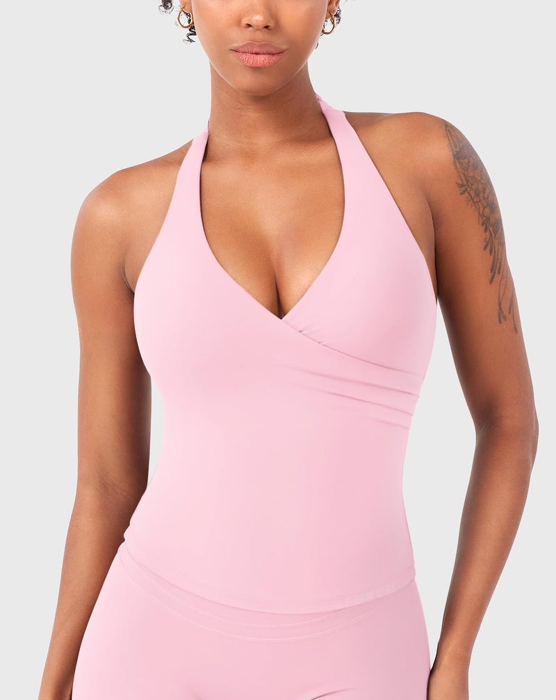 YEOREO Womens Halter Tank Tops Workout Impact Longline Strappy Top Padded Deep V Neck Wrap Gym Backless Bra Camisole Baby Pink S - Image 5