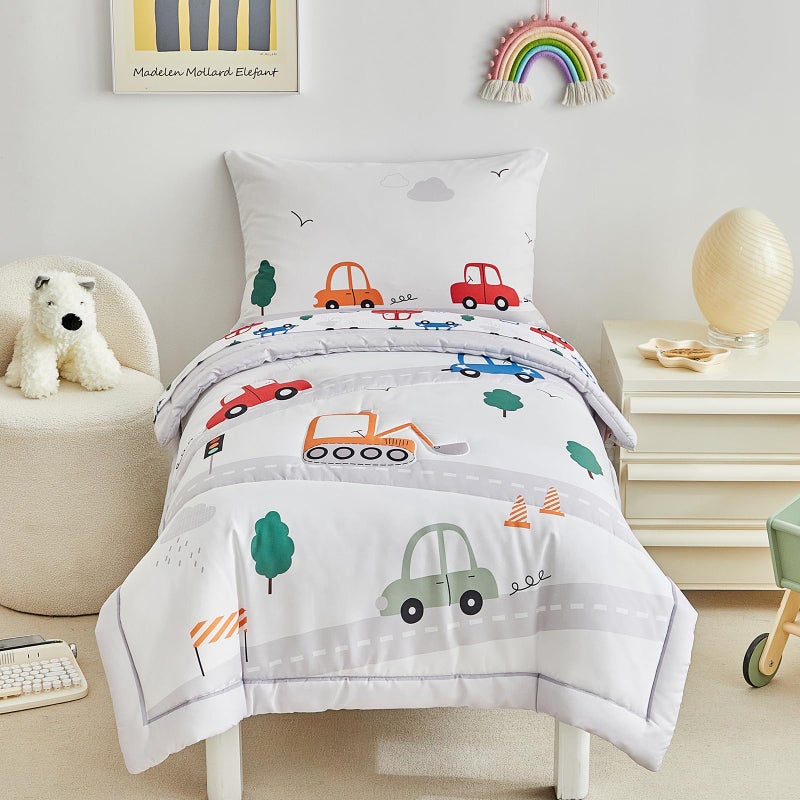 DuShow 4 Pieces Cars Toddler Bedding Set for Boys,Soft Toddler Bed Set in a Bag,Toddler Bed Comforter Set Includes Quilted Comforter, Flat Sheet, Fitted Sheet and Pillowcase - Image 1