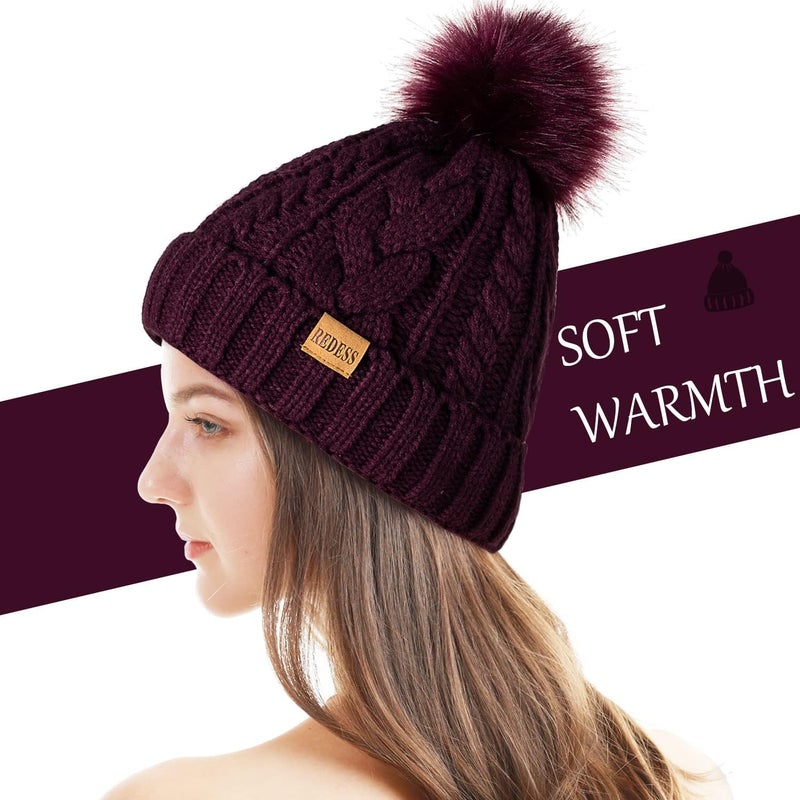 REDESS Women Winter Pompom Beanie Hat with Warm Fleece Lined, Thick Slouchy Snow Knit Skull Ski Cap - Image 2