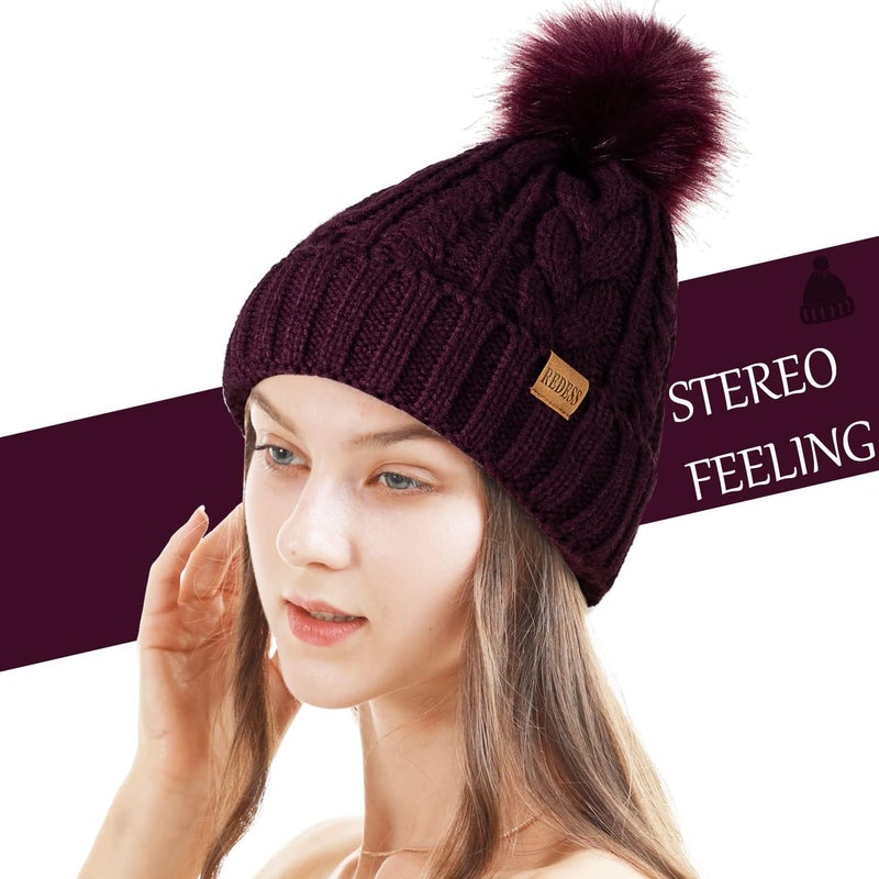 REDESS Women Winter Pompom Beanie Hat with Warm Fleece Lined, Thick Slouchy Snow Knit Skull Ski Cap - Image 1