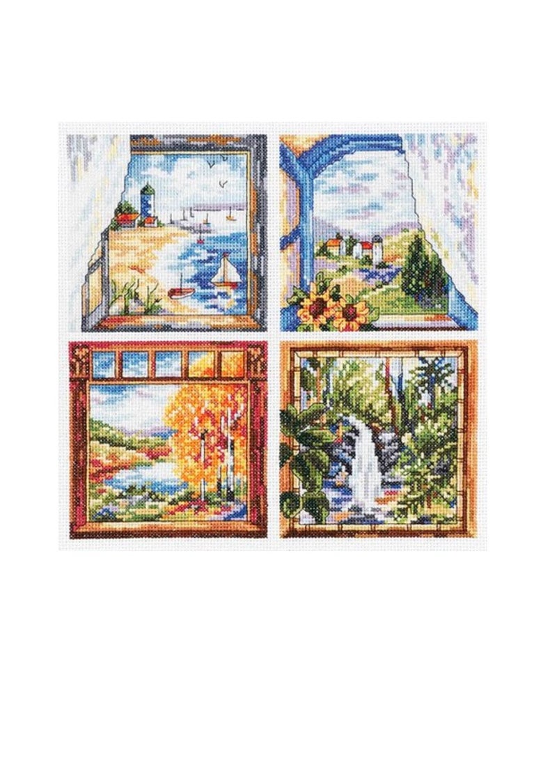 Cross Four Window Scenes Counted Cross Stitch Kit 8.75inchx 8.75inch 14 Count - Image 1