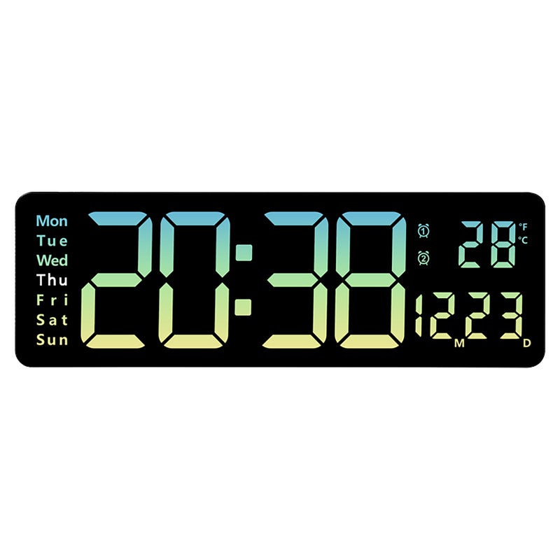 LED digital wall clock, 16-inch large screen, same-screen display, with remote control, calendar, temperature, thermometer, 10 levels of adjustable brightness, blue/yellow gradient light
