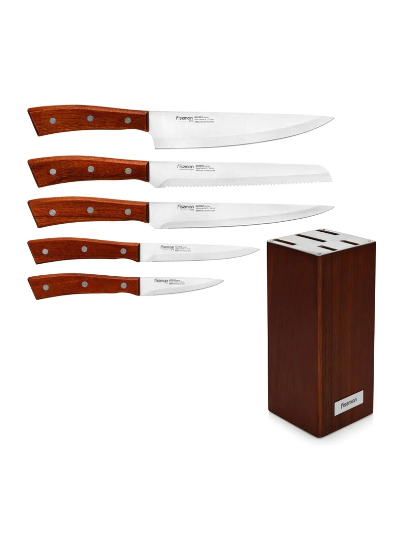 فيسمان 6-Piece Kitchen Knife Set with Wooden Block, Stainless Steel Pascual Series Chef Knife, Slicing Knife, Bread Knife, Utility Knife, Paring Knife
