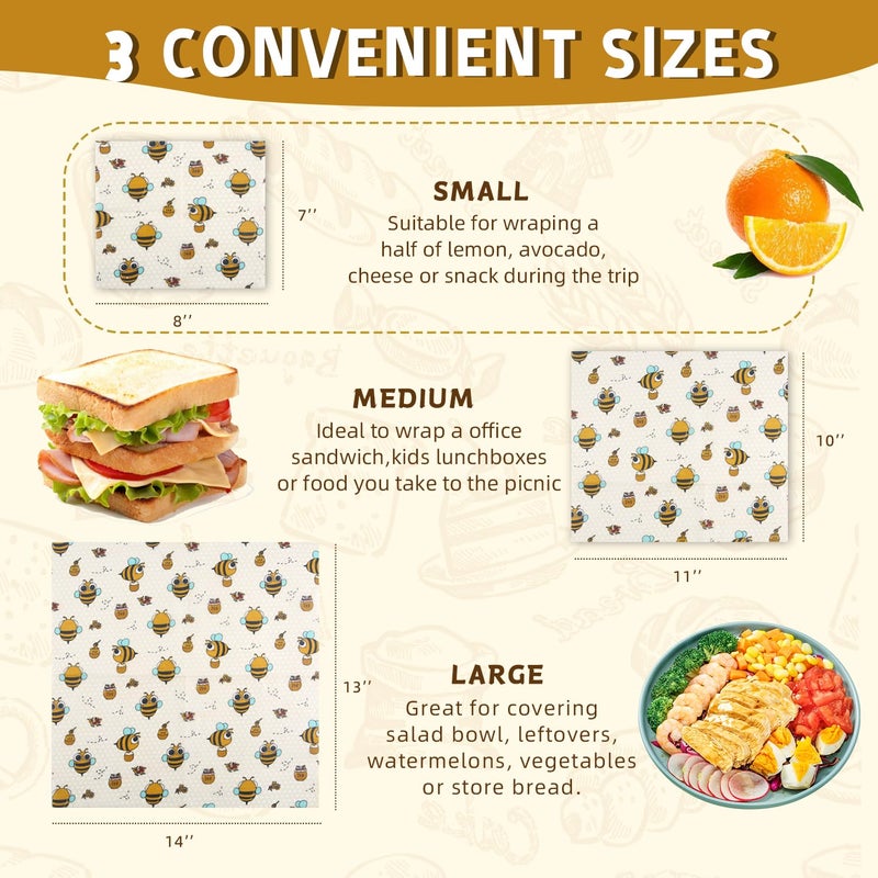 Vakeen 1 Large Beeswax Bread Bags for Homemade Bread Sourdough & 3 Beeswax Wraps, Easy to Clean Reusable Beeswax Breads Bags for Sourdough, 17 X 13 Inch Charming Honeybee Pattern Food Storage Bag - Image 2