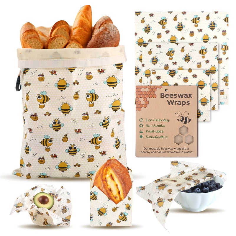 Vakeen 1 Large Beeswax Bread Bags for Homemade Bread Sourdough & 3 Beeswax Wraps, Easy to Clean Reusable Beeswax Breads Bags for Sourdough, 17 X 13 Inch Charming Honeybee Pattern Food Storage Bag - Image 1