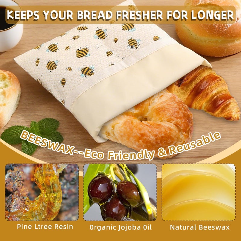 Vakeen 1 Large Beeswax Bread Bags for Homemade Bread Sourdough & 3 Beeswax Wraps, Easy to Clean Reusable Beeswax Breads Bags for Sourdough, 17 X 13 Inch Charming Honeybee Pattern Food Storage Bag - Image 3