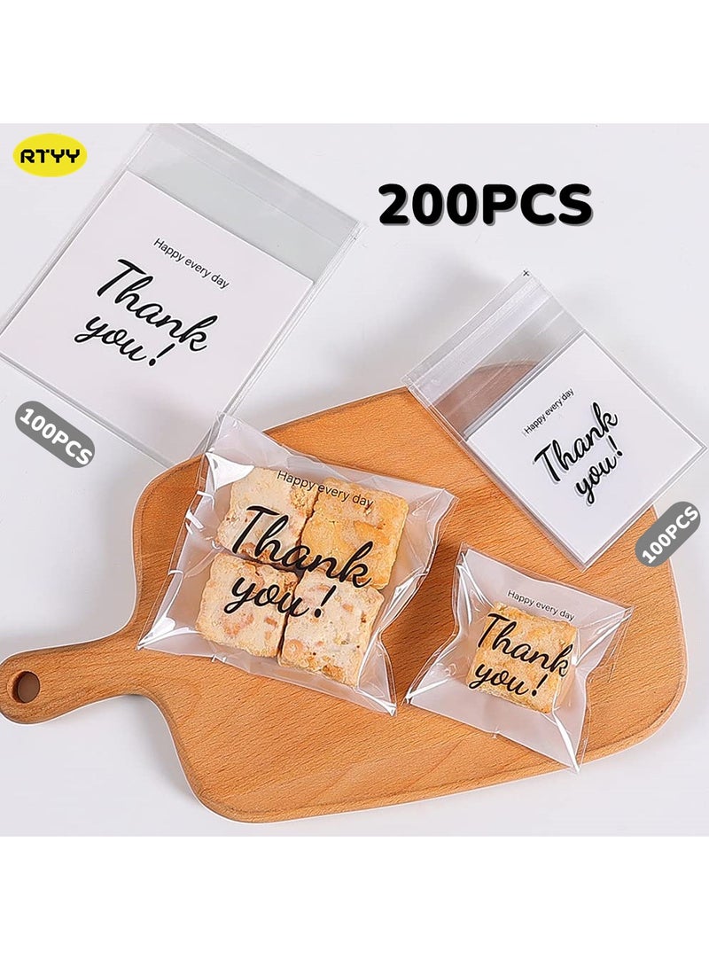 RTYY 200 قطعة من أكياس البسكويت ذاتية اللصق، حقيبة تغليف حلوى البسكويت والهدايا مع علامة شكر، حقيبة تزيين أكياس المعجنات لتقديم الحلوى والبسكويت والشوكولاتة  - Image 1