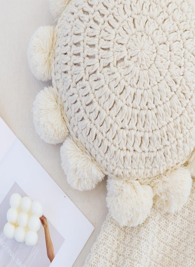 Beige 14 Inch Boho Round Throw Pillow, Cute Throw Pillow with Pom Poms Tassels, Decorative Circular Knitted Crochet Cushion for Couch Sofa Chair Bed - Image 2