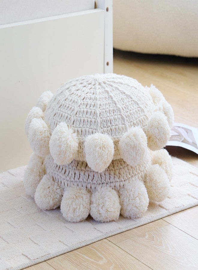 Beige 14 Inch Boho Round Throw Pillow, Cute Throw Pillow with Pom Poms Tassels, Decorative Circular Knitted Crochet Cushion for Couch Sofa Chair Bed - Image 5