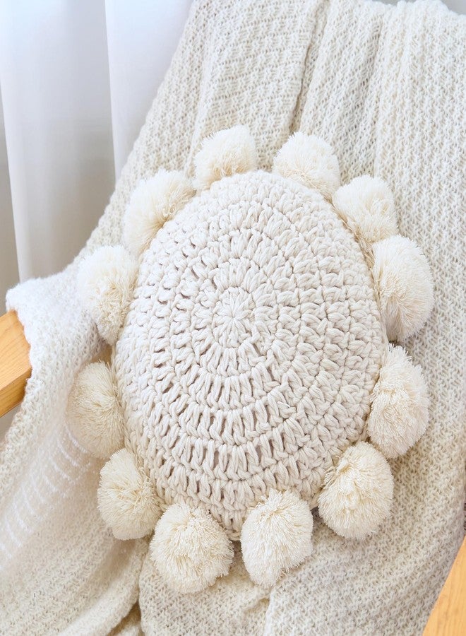 Beige 14 Inch Boho Round Throw Pillow, Cute Throw Pillow with Pom Poms Tassels, Decorative Circular Knitted Crochet Cushion for Couch Sofa Chair Bed - Image 4