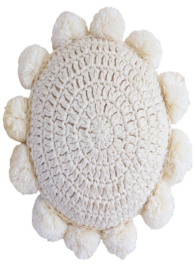 Beige 14 Inch Boho Round Throw Pillow, Cute Throw Pillow with Pom Poms Tassels, Decorative Circular Knitted Crochet Cushion for Couch Sofa Chair Bed - Image 1