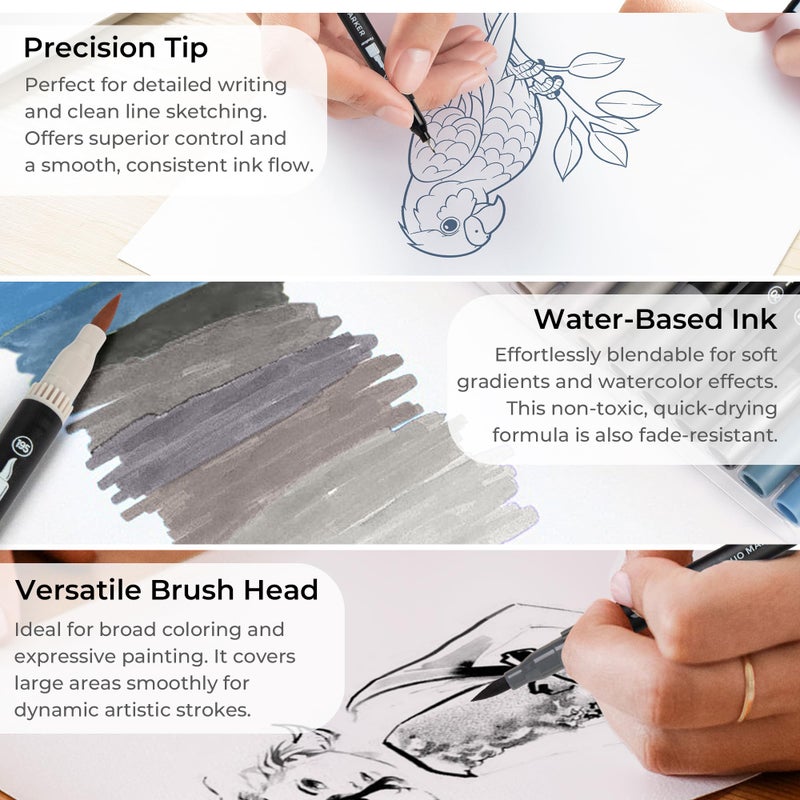 ZSCM Gray Duo Tip Marker Pens, 12 Pack Fine & Brush Markers for Adult Coloring Books No Bleeding, Neutral Gray Markers for Shading, Urban Sketches, Architectural Drawings and Realistic Textures - Image 3
