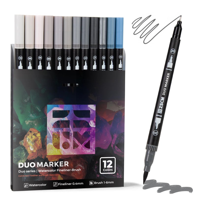 ZSCM Gray Duo Tip Marker Pens, 12 Pack Fine & Brush Markers for Adult Coloring Books No Bleeding, Neutral Gray Markers for Shading, Urban Sketches, Architectural Drawings and Realistic Textures - Image 1