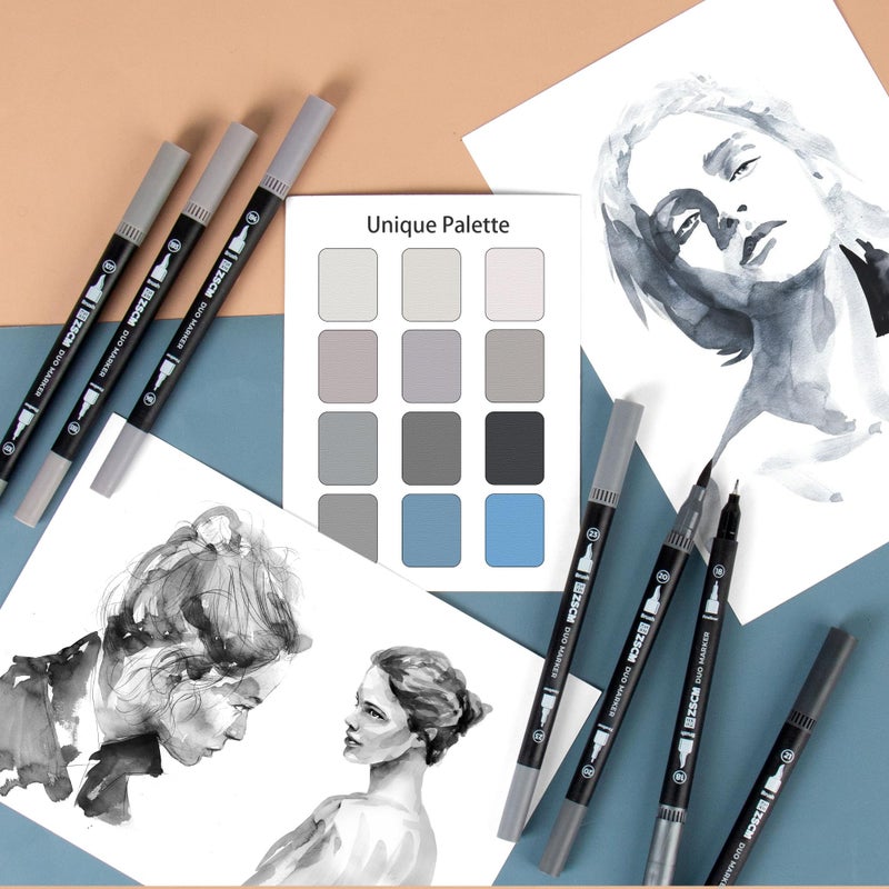 ZSCM Gray Duo Tip Marker Pens, 12 Pack Fine & Brush Markers for Adult Coloring Books No Bleeding, Neutral Gray Markers for Shading, Urban Sketches, Architectural Drawings and Realistic Textures - Image 5