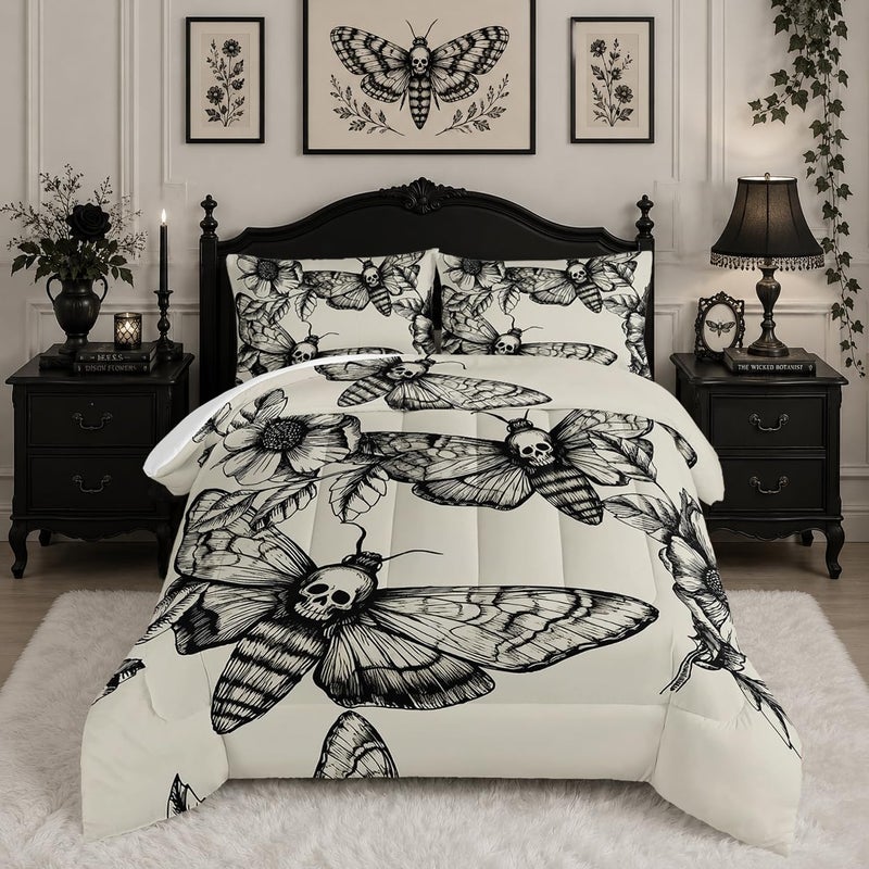 HOSIMA Gothic Decor Comforter SetDeath Moth Skull Heads Pattern Halloween Bed Set Queen Size for Boys Room Decor Twin Bed in a Bag for Teens with 2 Pillowcases - Image 2