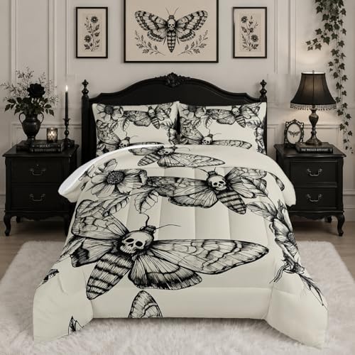 HOSIMA Gothic Decor Comforter SetDeath Moth Skull Heads Pattern Halloween Bed Set Queen Size for Boys Room Decor Twin Bed in a Bag for Teens with 2 Pillowcases - Image 1