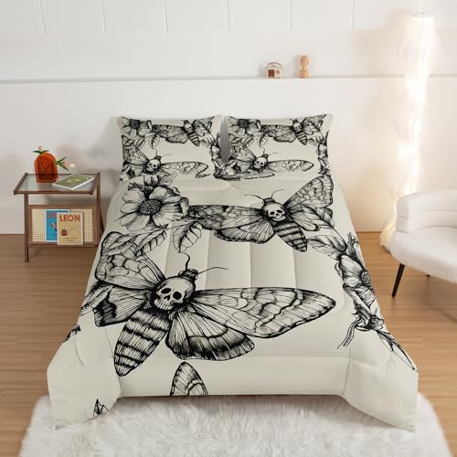 HOSIMA Gothic Decor Comforter SetDeath Moth Skull Heads Pattern Halloween Bed Set Queen Size for Boys Room Decor Twin Bed in a Bag for Teens with 2 Pillowcases - Image 3