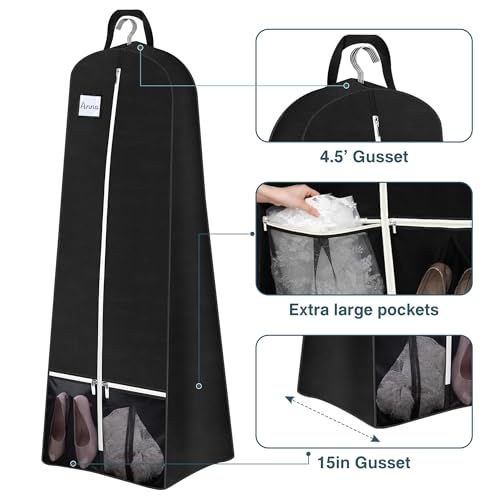 SLEEPING LAMB 72'' Bridal Wedding Gown Dress Garment Bag 15'' Gusseted Garment Cover Shoe Pockets Travel Garment Storage Bag for Prom, Evening Gowns, Black - Image 4