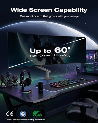 NB ERGONOMIC ذراع شاشة ألعاب NB لشاشة تصل إلى 60 بوصة تحمل 44 رطل20 كجم VESA 75100 إضاءة RGB حامل شاشة ثقيل الوزن من الألمنيوم لشاشة عريضة للغاية قابل للتعديل في الارتفاع والزاوية باللون الرمادي والأسود - Image 3