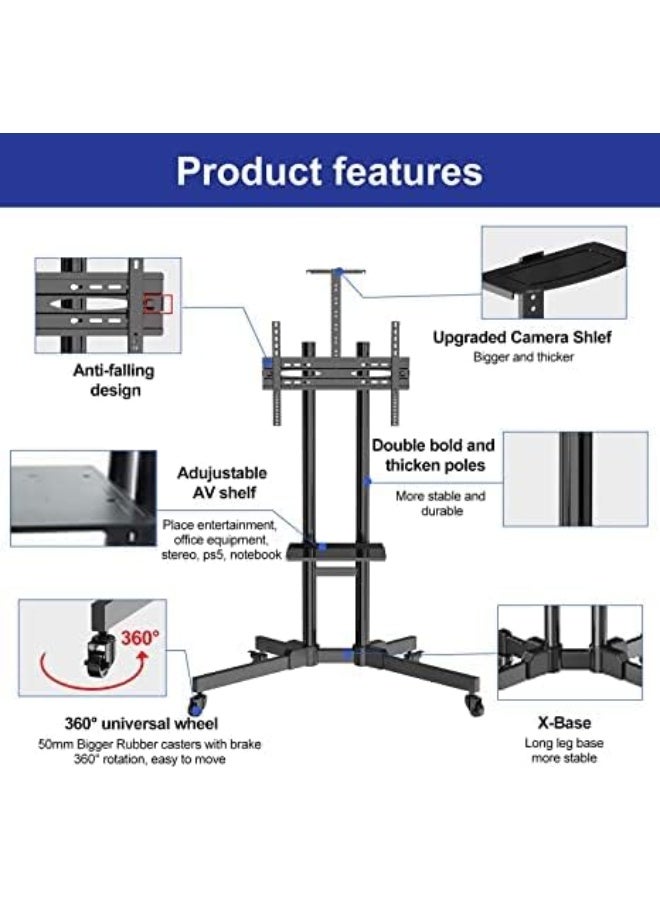 كن واحدًا عربة تثبيت التلفزيون المحمولة بعجلات، عربة تلفزيون متنقلة، حامل تلفزيون قابل لضبط الارتفاع لشاشات التلفزيون HDR وLCD من 32" إلى 65"، أسود - Image 3