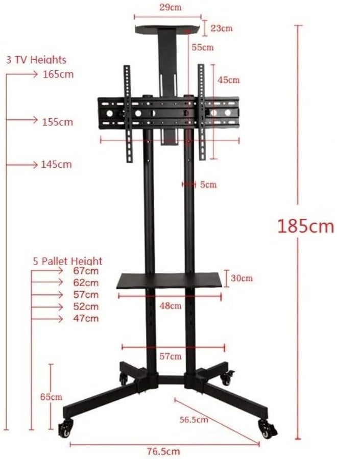 كن واحدًا عربة تثبيت التلفزيون المحمولة بعجلات، عربة تلفزيون متنقلة، حامل تلفزيون قابل لضبط الارتفاع لشاشات التلفزيون HDR وLCD من 32" إلى 65"، أسود - Image 4