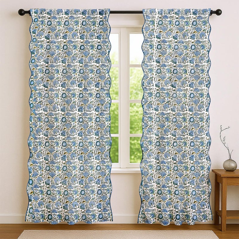 Ridhi Asparagus Green Floral Cotton Scallop Curtains Pack of 1 84-Inch Pocket for The Rod Semi-Sheer Drapes for Living Room & Bedroom, Floral Patterned Farmhouse Boho French Country Window Panels - Image 1