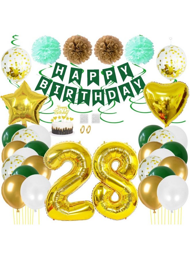 Juland 28th Birthday Party Decorations Gold Green Happy Birthday Banner White Latex Balloon Confetti Balloon 28 Number Foil Balloon Hanging Swirl Paper Pompoms with Cake Topper for Boy Girl Men Women - Image 1