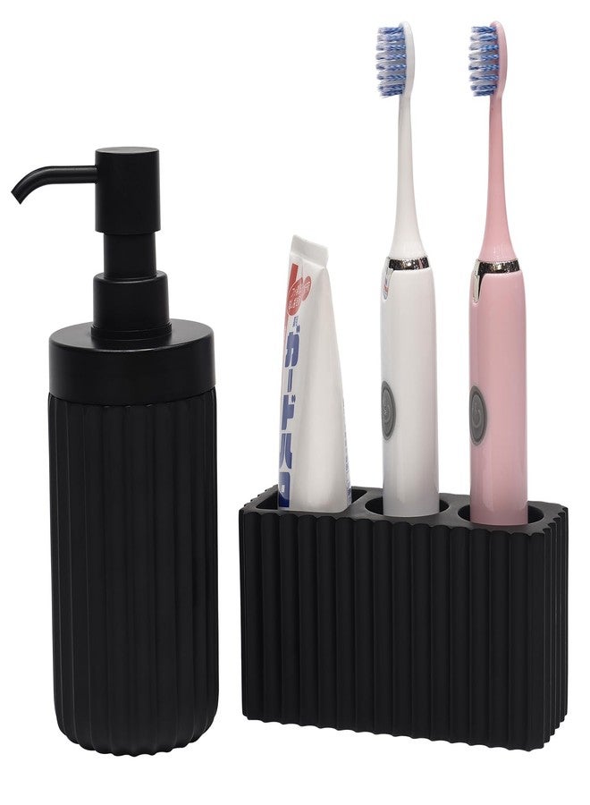 Suanti 2PCS Bathroom Accessories Set with Large-Opening Ribbed Soap Dispenser and 3 Compartment Toothbrush&Toothpaste Holder,Resin Farmhouse Bathroom Decor Set Countertop Organizer-Matte Black - Image 1