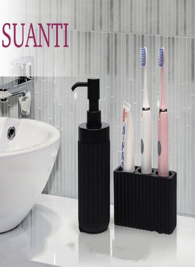 Suanti 2PCS Bathroom Accessories Set with Large-Opening Ribbed Soap Dispenser and 3 Compartment Toothbrush&Toothpaste Holder,Resin Farmhouse Bathroom Decor Set Countertop Organizer-Matte Black - Image 3