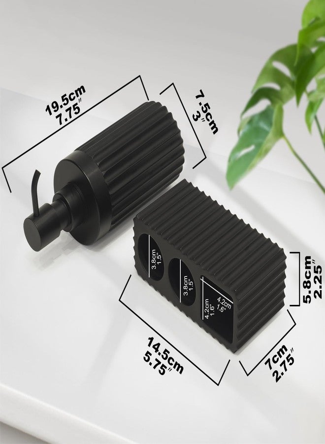 Suanti 2PCS Bathroom Accessories Set with Large-Opening Ribbed Soap Dispenser and 3 Compartment Toothbrush&Toothpaste Holder,Resin Farmhouse Bathroom Decor Set Countertop Organizer-Matte Black - Image 2