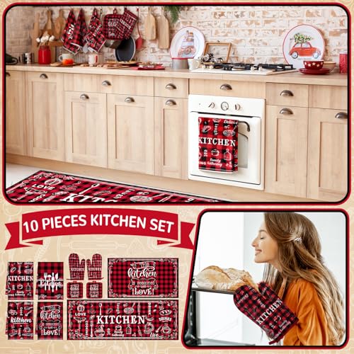 Fourluoo 10 Pcs Farmhouse Kitchen Decor Sets 4 Red and Black Plaid Kitchen Dish Towels 2 Red Pot Holders 2 Buffalo Check Oven Mitts Glove 2 Rustic Non Slip Rugs and Mats for Home Decorations - Image 3