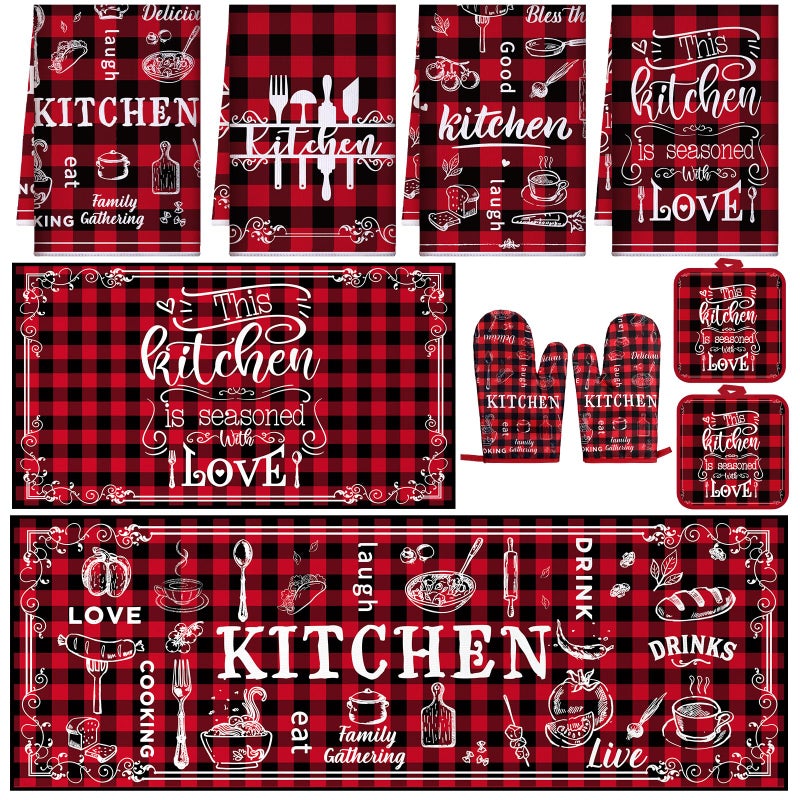 Fourluoo 10 Pcs Farmhouse Kitchen Decor Sets 4 Red and Black Plaid Kitchen Dish Towels 2 Red Pot Holders 2 Buffalo Check Oven Mitts Glove 2 Rustic Non Slip Rugs and Mats for Home Decorations - Image 2