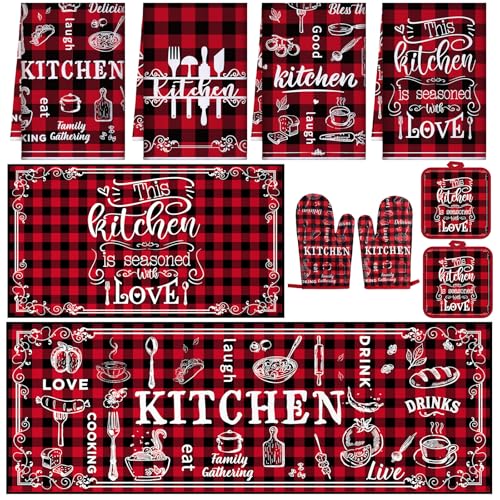 Fourluoo 10 Pcs Farmhouse Kitchen Decor Sets 4 Red and Black Plaid Kitchen Dish Towels 2 Red Pot Holders 2 Buffalo Check Oven Mitts Glove 2 Rustic Non Slip Rugs and Mats for Home Decorations - Image 1