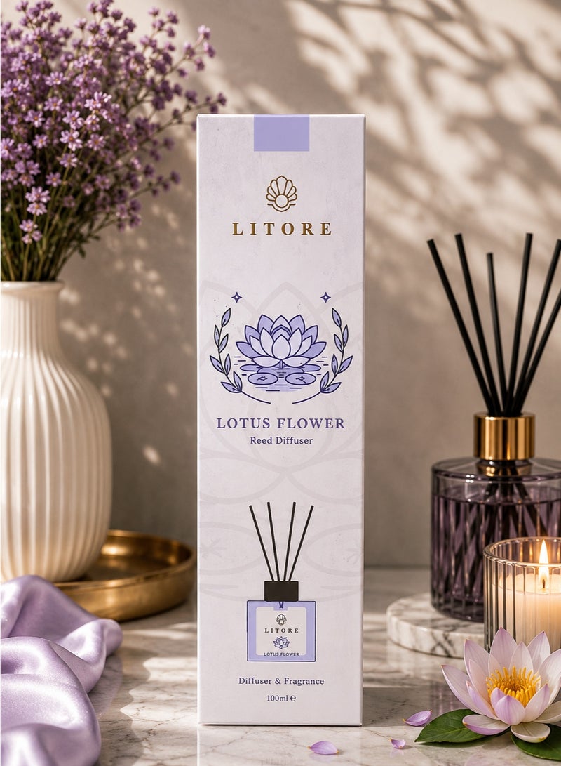 لتور ليتوري معطر منزلي بعيدان القصب - عطر زهرة اللوتس، سعة 100 مل | عطر زهري منزلي يدوم طويلاً | فواحة أنيقة للغرف - Image 3