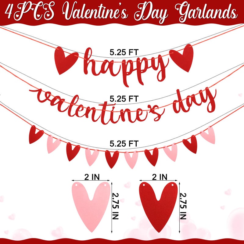 Heartome 4PCS Valentines Garland - 20 Red Hearts Happy Valentines Day Decor, Profiled Heart Felt Banner for Ceiling & Window - Image 2