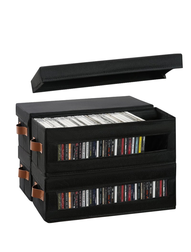 Coorganisers 4 Packs CD Storage Box with Visible Window, Stackable CD Case Holder with Dustproof Lid and Handles, Holds Up to 148 CDs in Full Jewel Cases-15.75 x 6.10 x 5.31 Inches-Black - Image 1