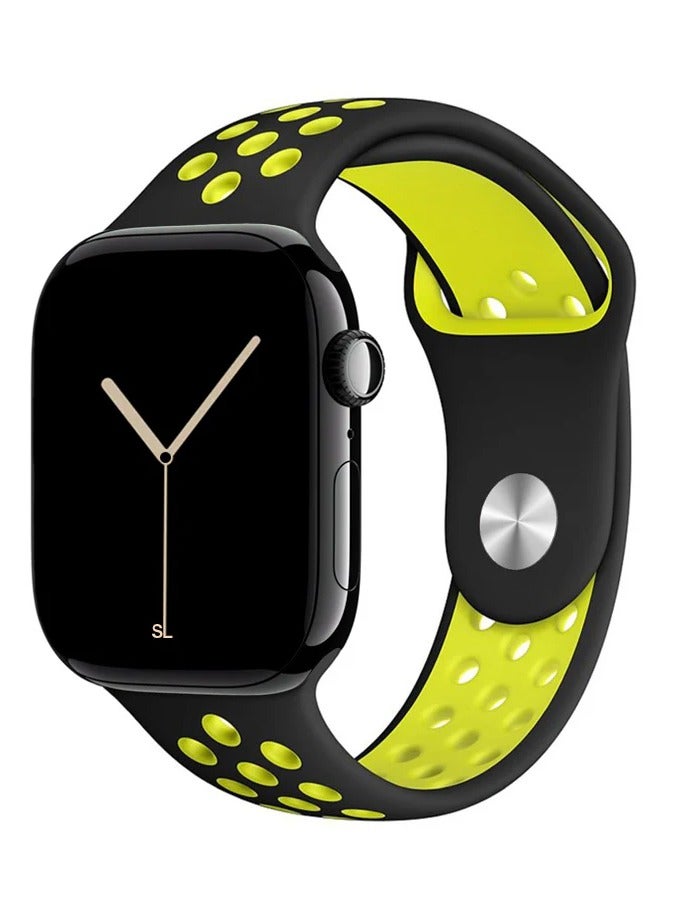 Watch Silicone Sport Watch Band Compatible with Apple Watch 38mm 40mm 41mm, (42mm Series 10 and 11) Series 9 / 8 / 7 / 6 / 5 / 4 / 3 / 2 / 1 & SE | Breathable Ventilated Replacement Strap |  Black and Neon Green - Image 1