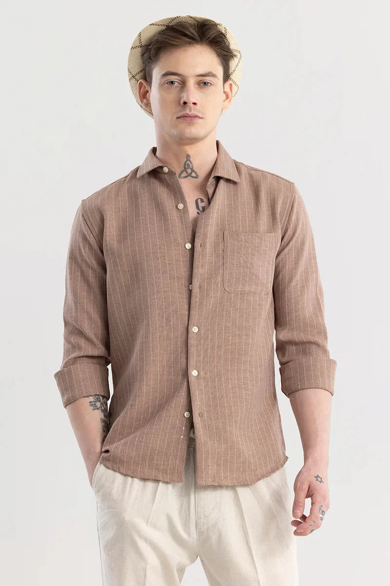 SNITCH Light Brown Striped Long Sleeve Slim Fit Casual Shirt
