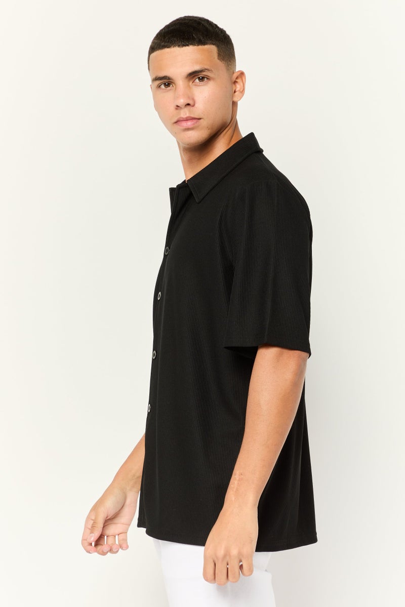 Core Elements Men Regular Fit Short Sleeve Ribbed Casual Shirts, Black - Image 4