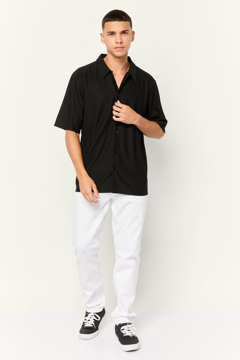 Core Elements Men Regular Fit Short Sleeve Ribbed Casual Shirts, Black - Image 3