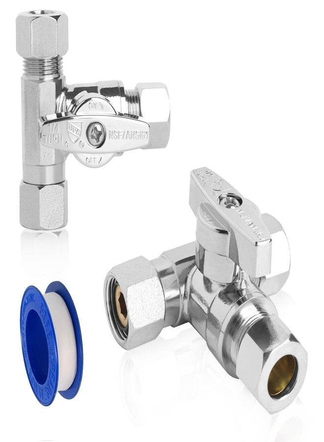 WiseWater 3/8 Female Comp x 3/8 OD x 3/8 OD Tee Stop Valves 1/4 Turn Chrome Plated Brass Water Shut Off Valve 3-Way Compression Fit for Refrigerator, Ice Maker, Coffee Brewers, Water Filters (2 Pack) - Image 1